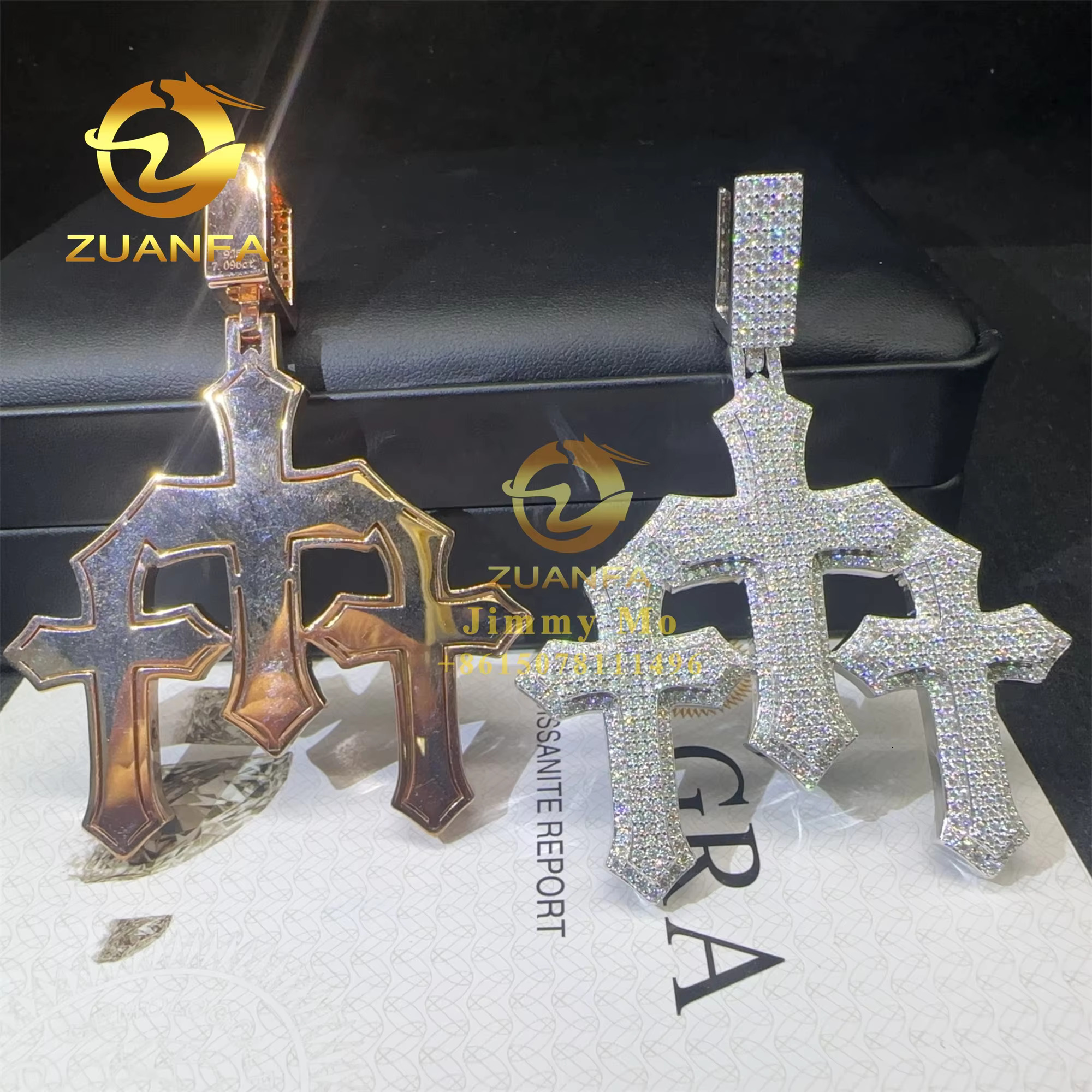New Trendy Man Jewelry Pass Tester Hip Hop Iced Out 925 Sterling Silver VVS1 Moissanite Diamond 3 Crosses Pendant Necklace