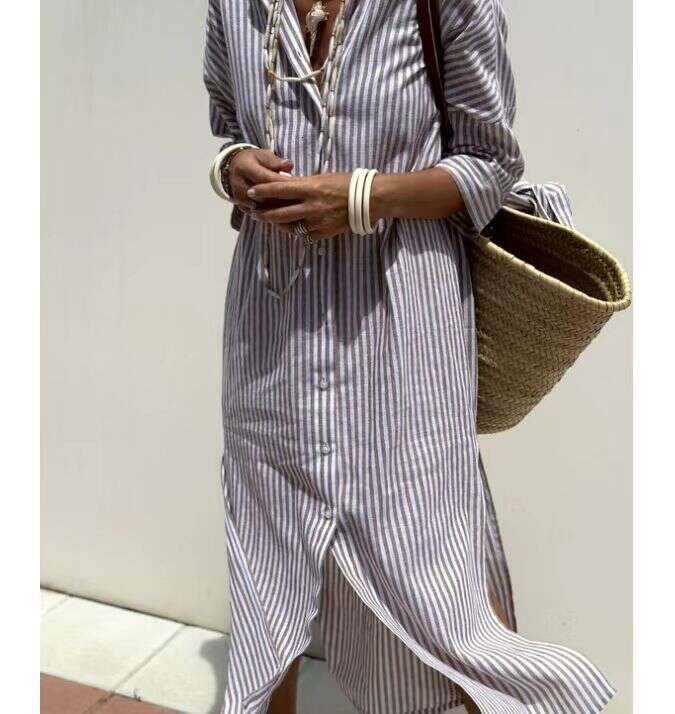 New striped shirt from Europe America, split dress, summer shirt, 2025 new style, chic and elegant clothing