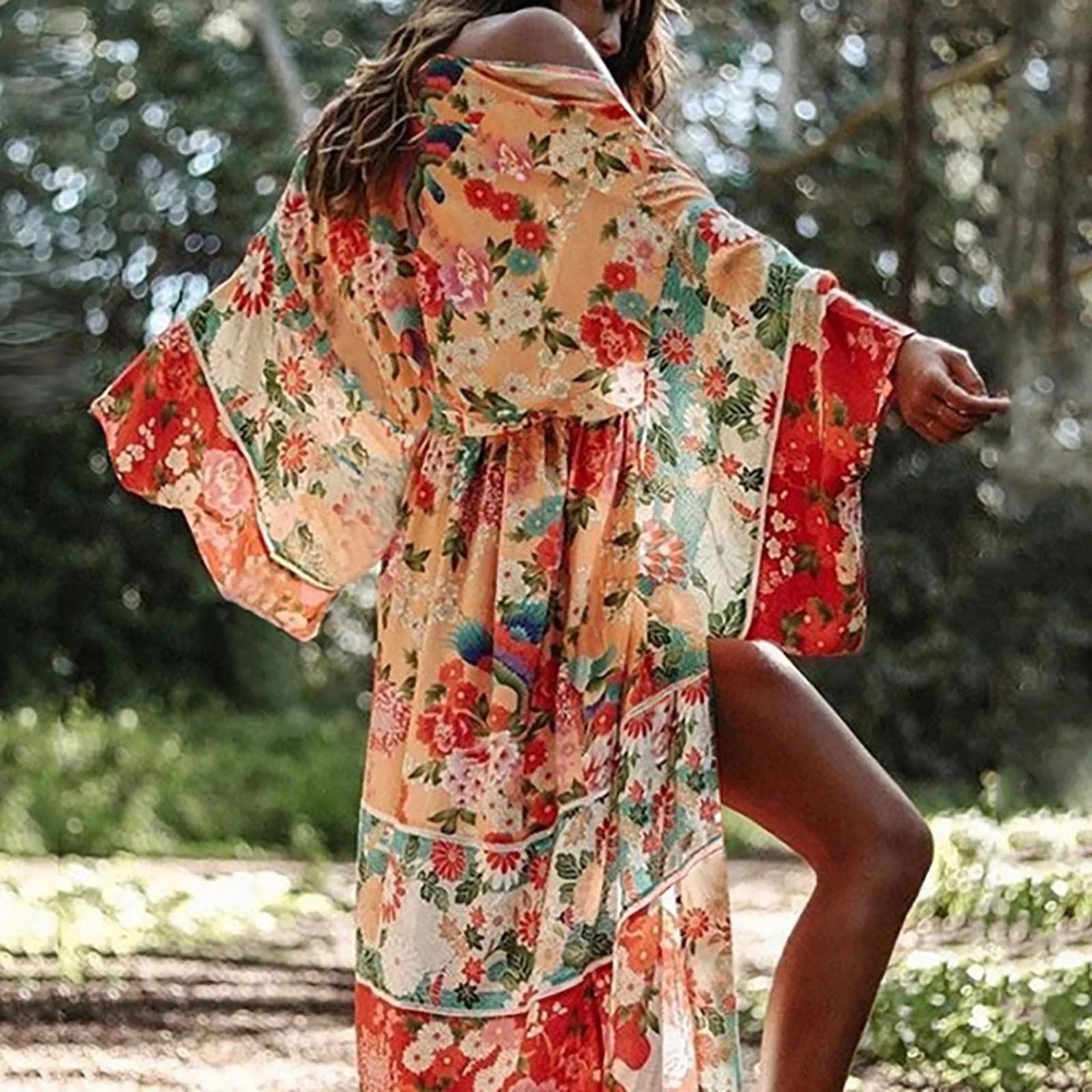 Womens floral print Bohemian beach style fashionable sun screen long skirt holiday edition chiffon long sleeved thin cardigan 250305Z