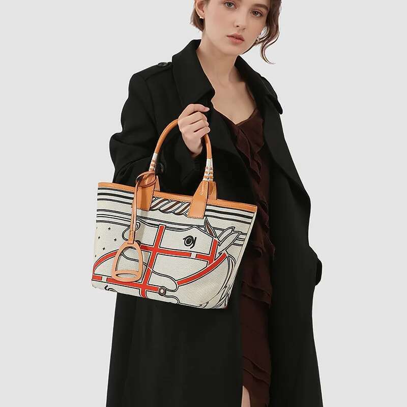 2025 Brand High Quality Tote for Women Geometric Printed Top Handle Satchel Handbag Canvas Fashionable Shopper Bag