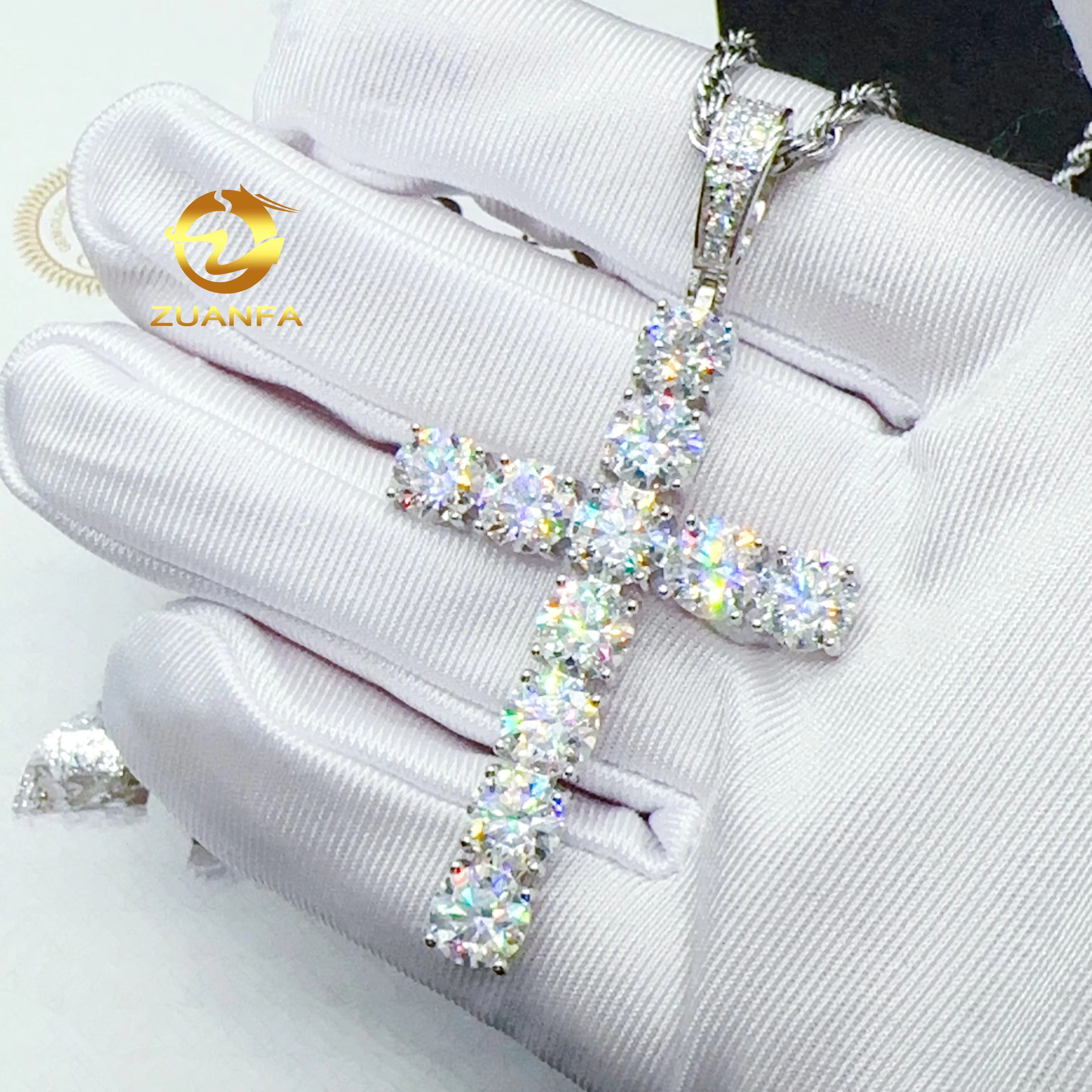 Zuanfa Custom Size Hip Hop Moissanite Cross Pendants 6mm 7mm 925 Sterling Silver Diamond Cross Pendants