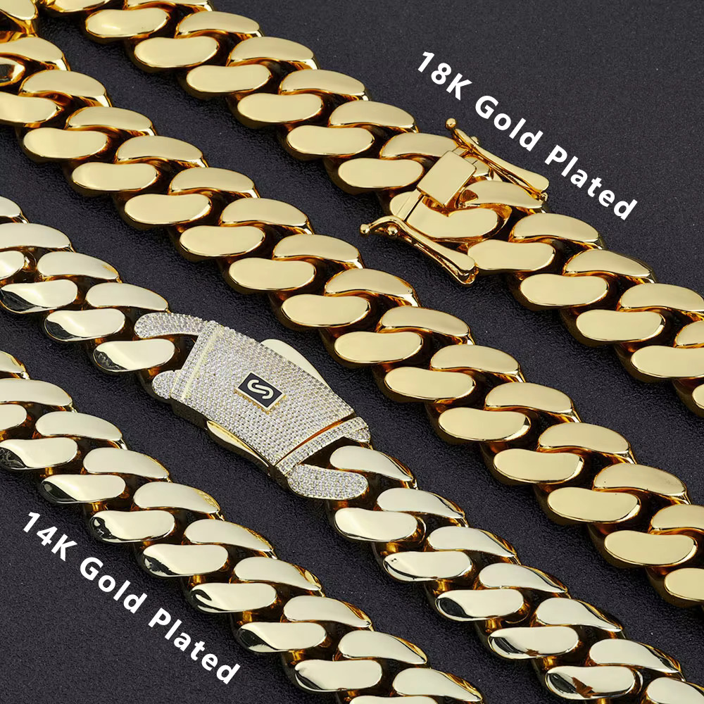 NUOYA 14K/18K Gold Plated Thick Solid Cuban Link Chain Hip Hop Jewelry Iced Diamond Clasp Flat Miami Cuban Link Necklace for Men