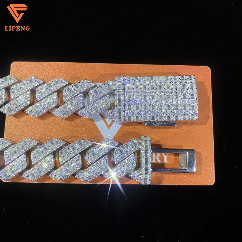 Lifeng Jewelry 18mm Baguette Cut VVS Moissanite Necklace Miami Cuban Link Chain Iced Hiphop 925 Silver Diamond Moissanite Chain