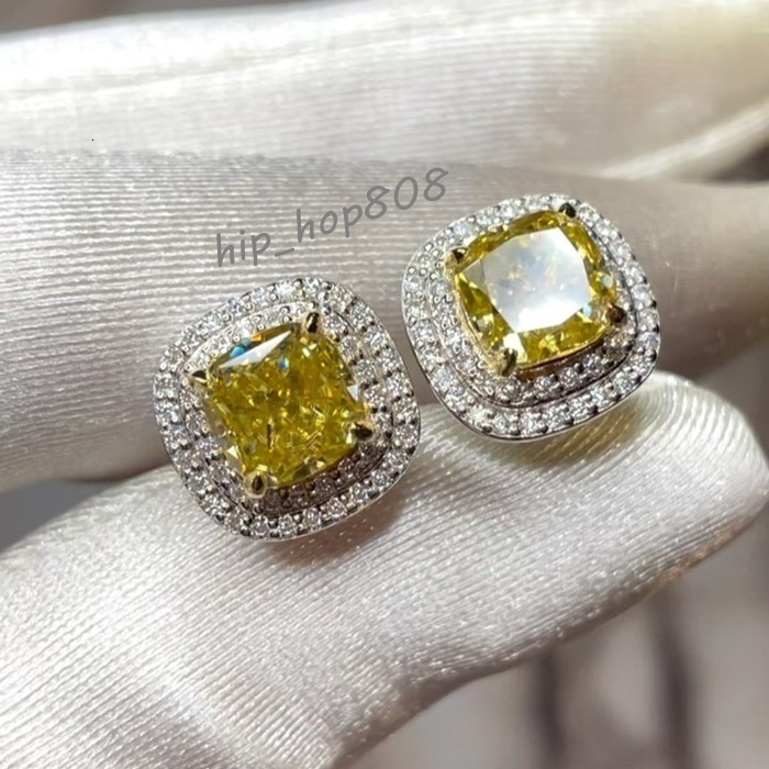 2025 New Design Vivid Yellow Color 1ct 6mm Moissanite Diamond Two halo 14k Solid Gold Stud Earring