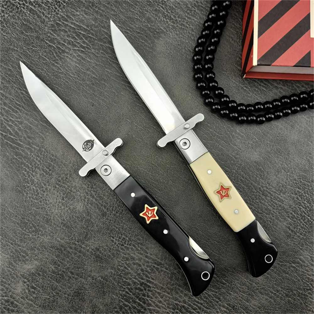 Russian Finka NKVD Tactical Assisted Opening Folding Knife 440C Stainless Steel Blade, ABS Handle with Nylon Sheath - Outdoor Hunting Survival Camping