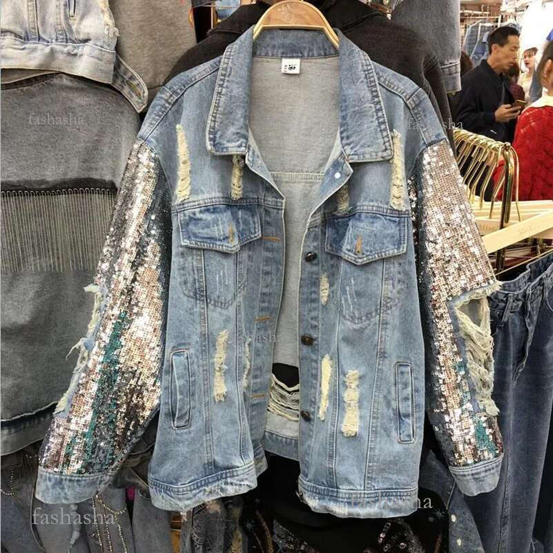 Mexemara Fashion The New Heavy Work Sequin Loose Hole Denim Jacket Free Ship