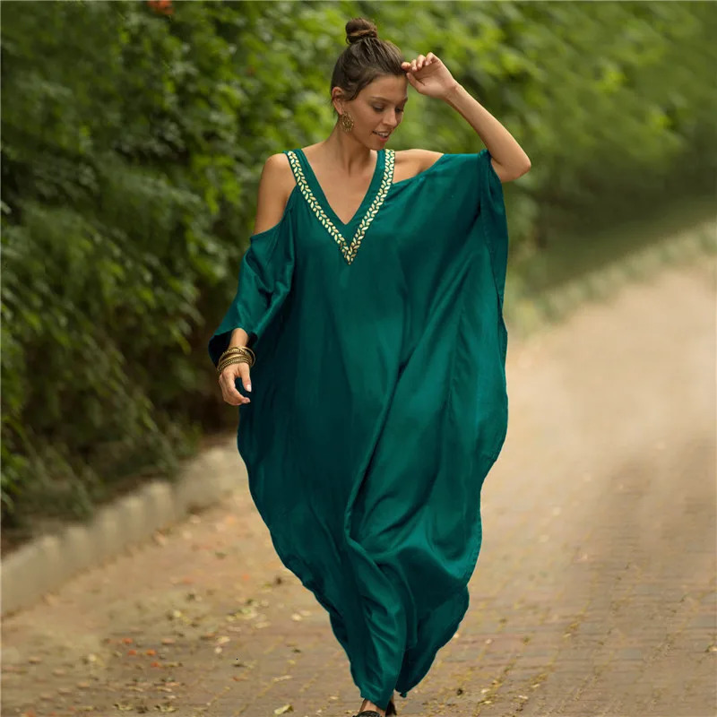 Kaftan Dress Swimwear Cover Maxi Dress Beach Dress Cold Shoulder Beach Coat Summer Vacation 250305