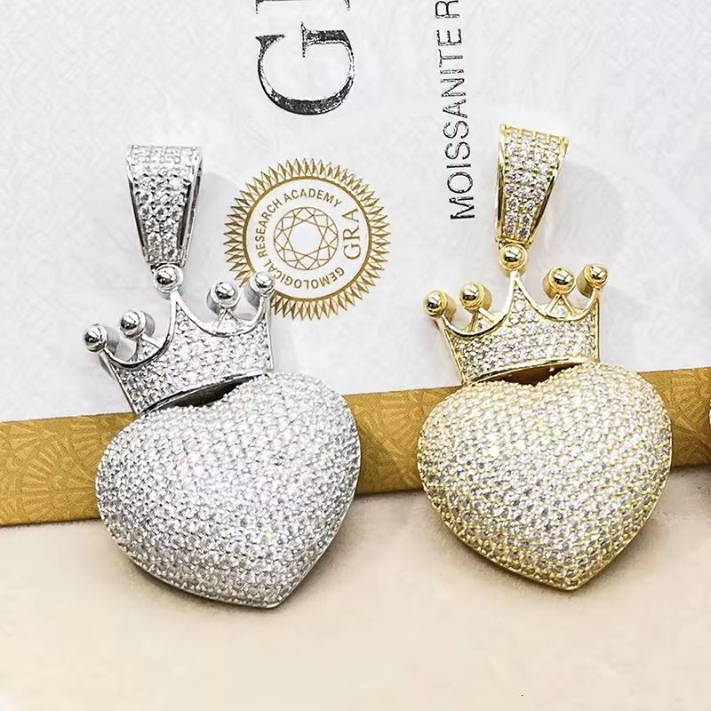 Hip Hop Jewelry Pass Diamond Tester 925 Sterling Silver Bling Iced Out GRA VVS Moissanite Crown Heart Pendant for Men Women