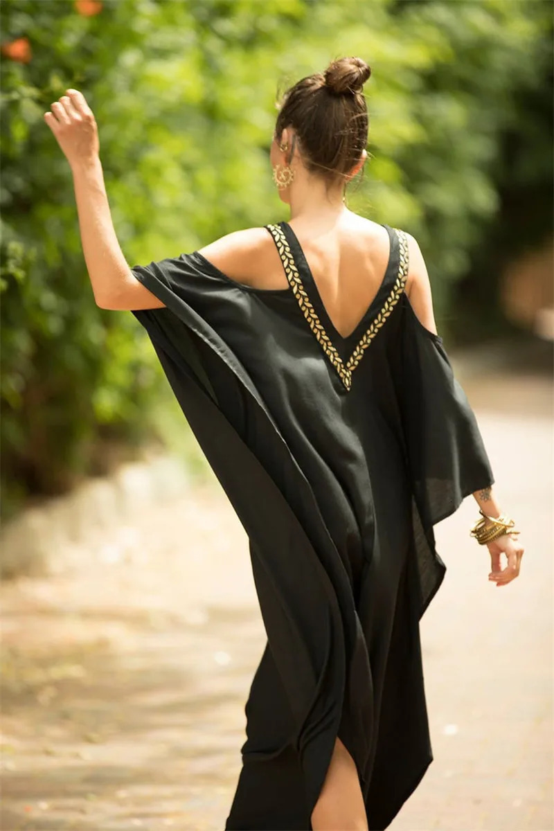 Kaftan Dress Swimwear Cover Maxi Dress Beach Dress Cold Shoulder Beach Coat Summer Vacation 250305
