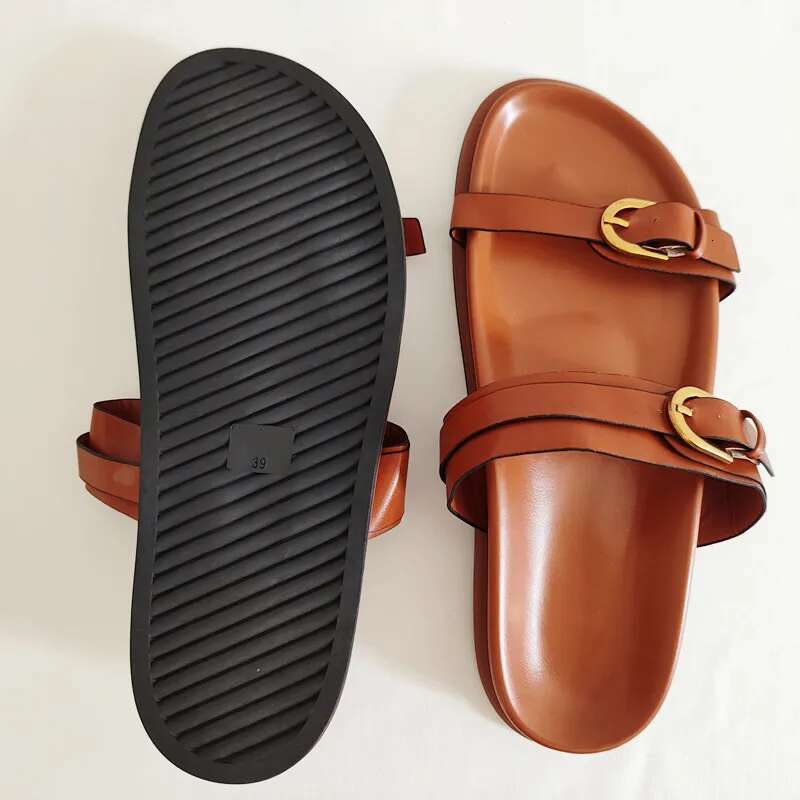 Summer 2025 Women s Sandals Black Brown Metal Buckle Flat Shoes Slippers Fashion Designer New Sexy Women s Flip Flops Round Head Lace Shoes