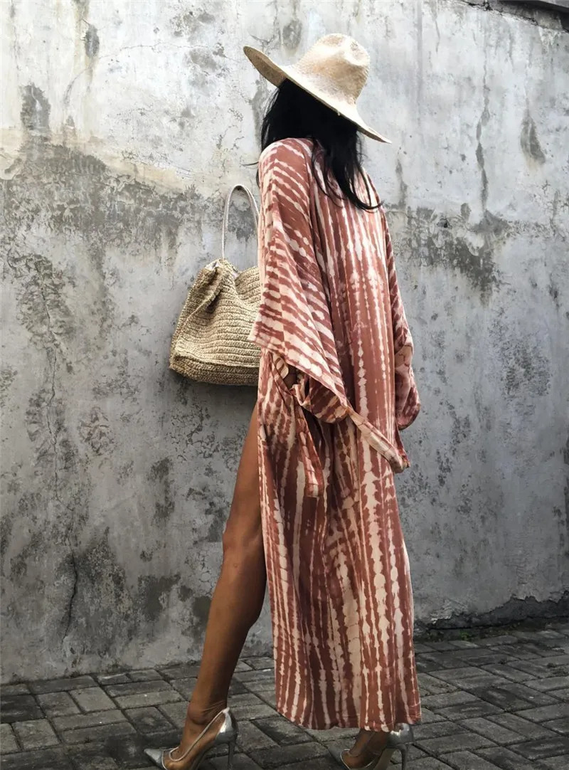 Womens Beach Cover Ups Open Front Tie Dye Maxi Cardigan Kimono Swimsuit with Belts 250305Z