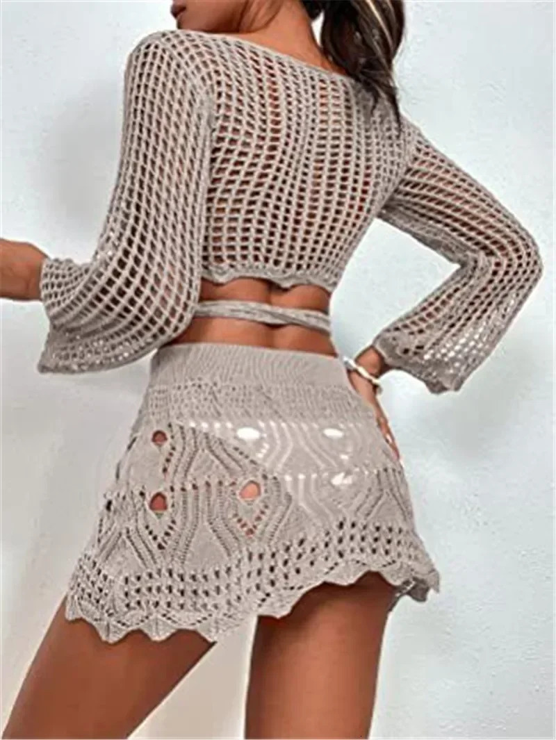 2024 Long Sleeve Cropped Tops Bikini Bottom Skirts Women Knitted Cover Up Mini Dress Beach Bathing Suit Women Swimsuit Beachwear 250305Z