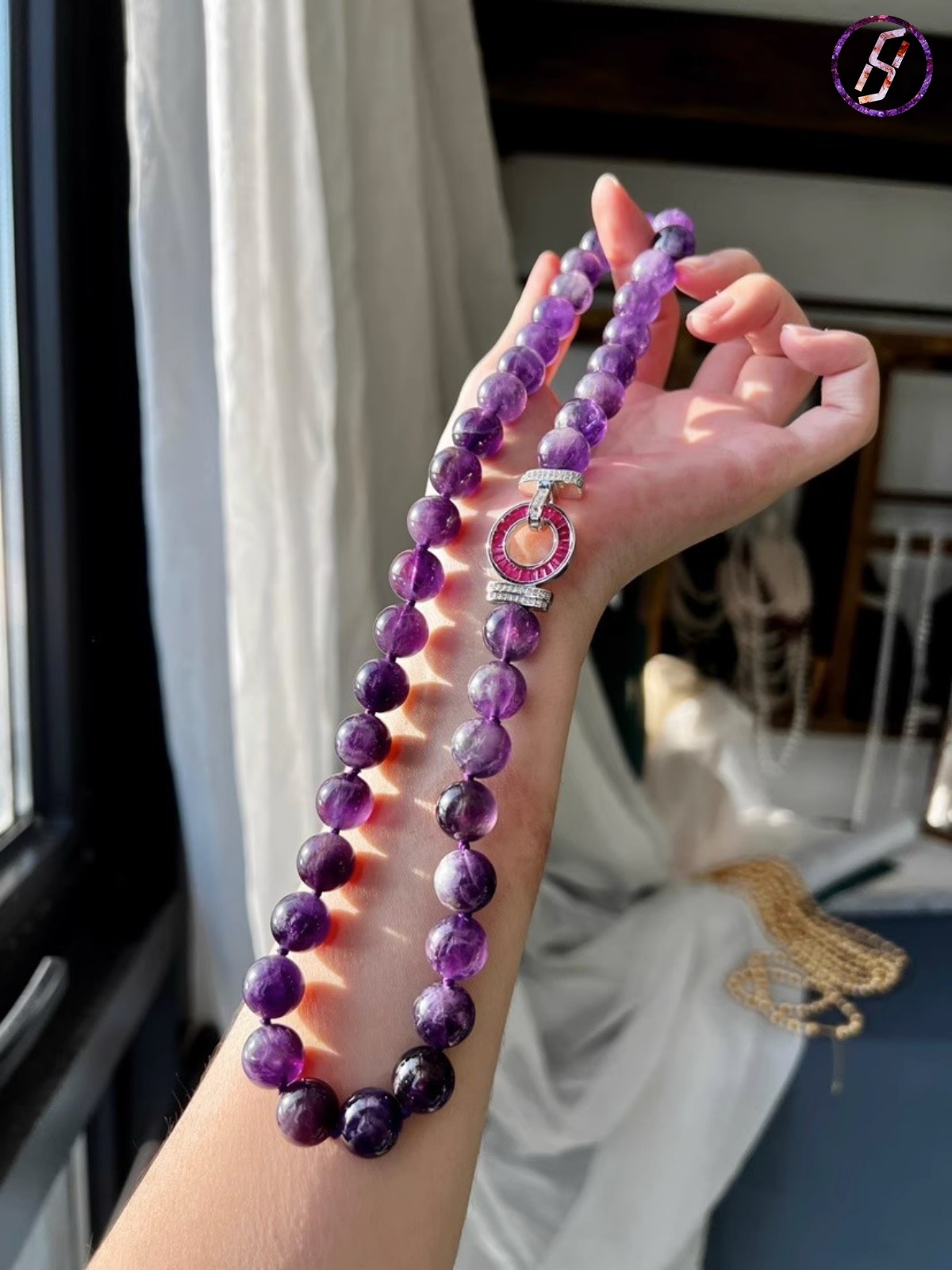 Hot Sale, Stylish and Versatile 50cm 12mm Natural Amethyst Round Bead Necklace, Sweater Chain and Bracelet Mysterious Eastern Energy Vibrational/Reson