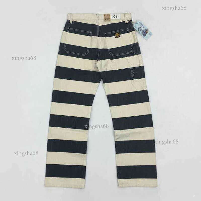 Men Jeans Bob Dong 16Oz Prison Pants Multi Pockets Motorcycle Black White Striped Trousers 22