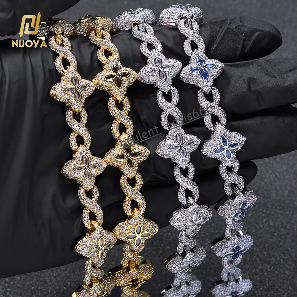 NUOYA Hip Hop Silver Gold Plated Iced Out Diamond Flower Cross Four Leaf Clover Infinity Miami Cuban Link Necklace for Men Women