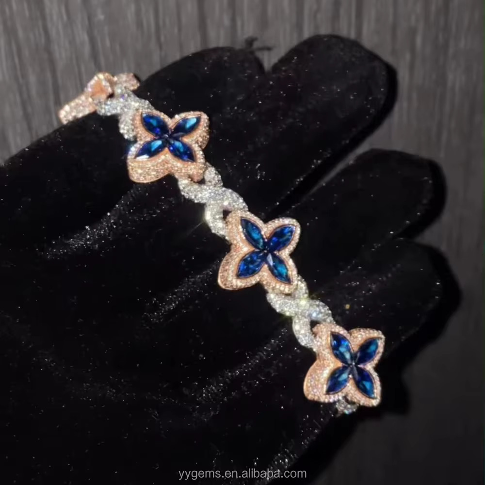 Lucky Charm Colorful Marquise Eye Moissanite Four Leaf Clover 925 Silver Cuban Chain Bracelet Mens Women Jewelry Bracelet