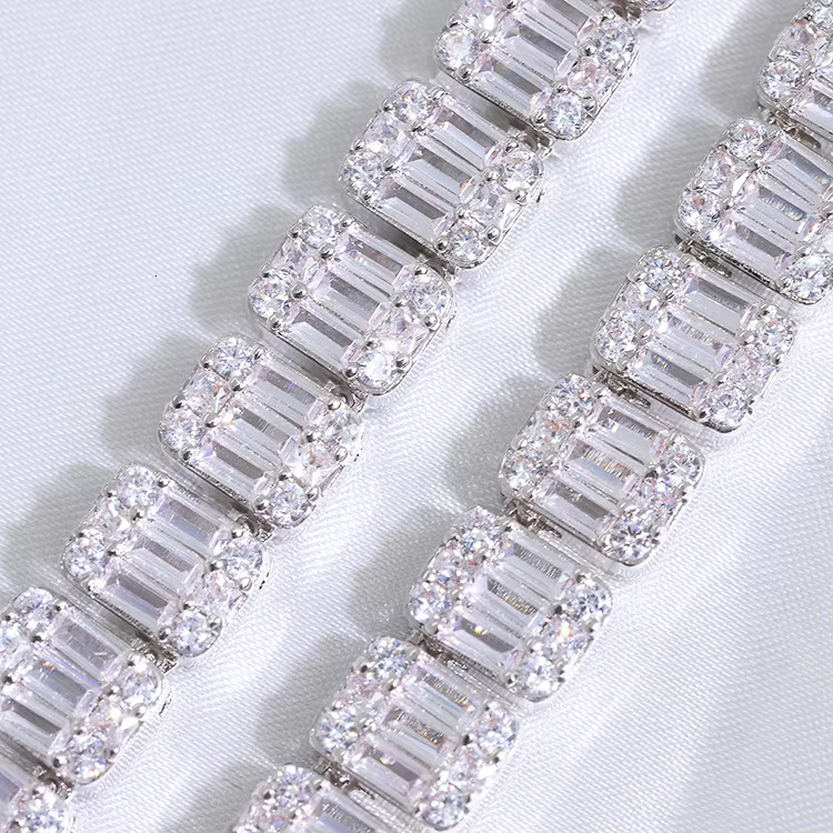 Fashion Baguette Tennis Chain Fine Jewelry 9mm Width S925 Solid Silver Chain Hip Hop Necklace VVS Moissanite Cuban Chain