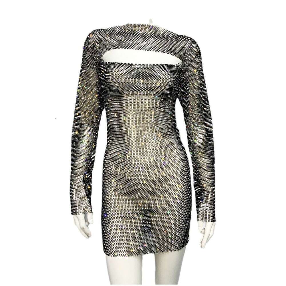 Autumn Winter Are Trendy High-End, With Mesh Diamond Long Sleeved Dresses And Personalized Designs
