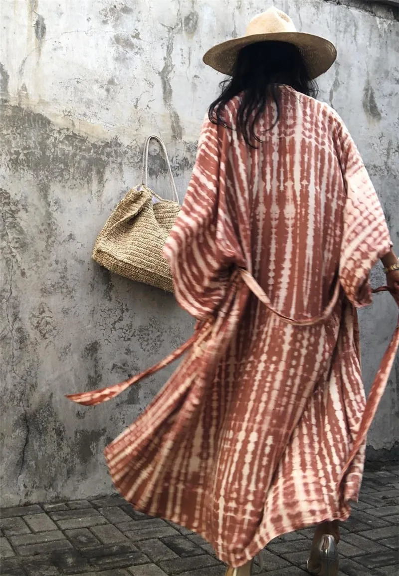 Womens Beach Cover Ups Open Front Tie Dye Maxi Cardigan Kimono Swimsuit with Belts 250305Z