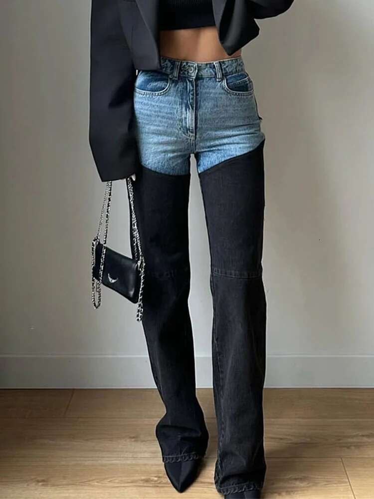 Panelled Patchwork Straight Denim Pants Women Slim Fit High Waist Jeans Female Spring Summer Fashion Designer Y2k Trousers
