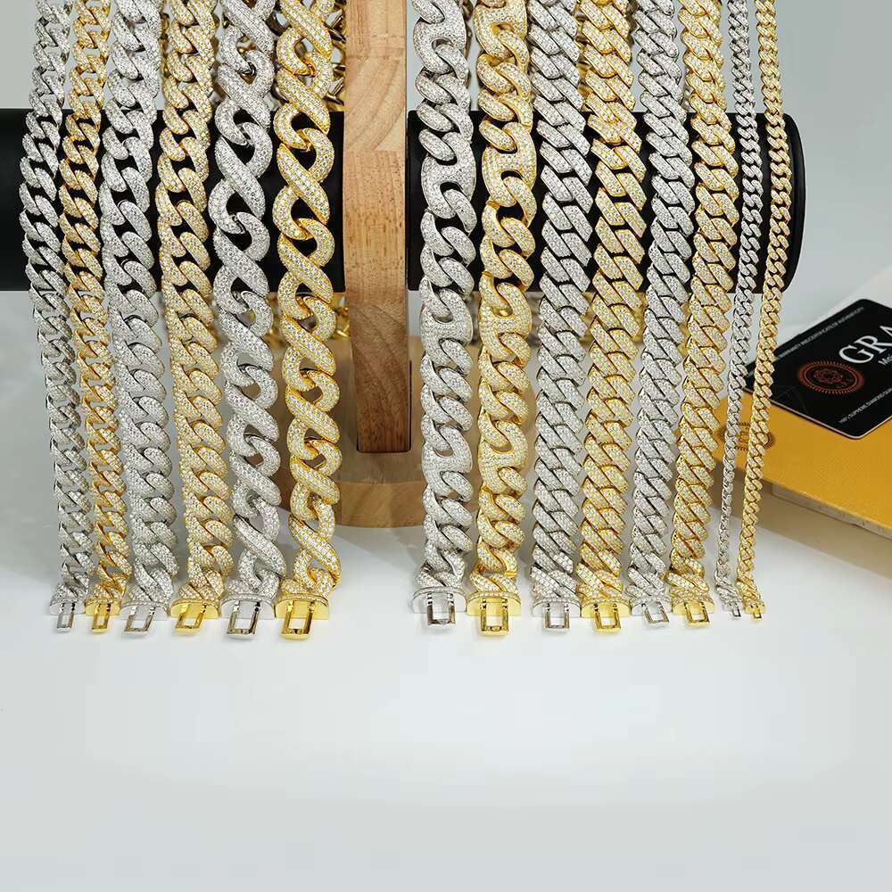 Sterg Sier Plated Yellow Gold 8mm Miami Iced Out Vvs Mossanite Necklace Cuban k Chain for Men