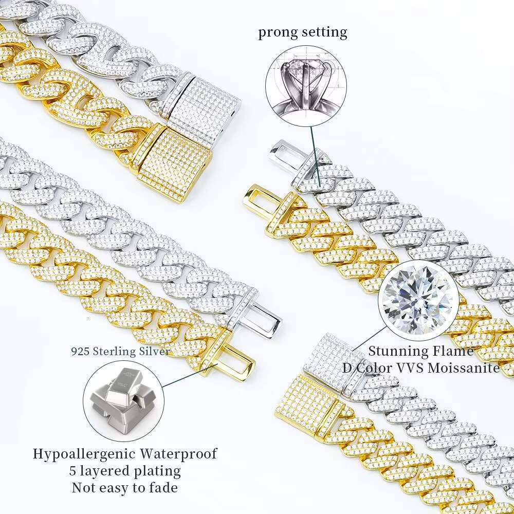 10mm Iced Out VVS Necklace Stock Bg Sier Moissanite Dia Cuban k Hip Hop Men Jewelry Chain