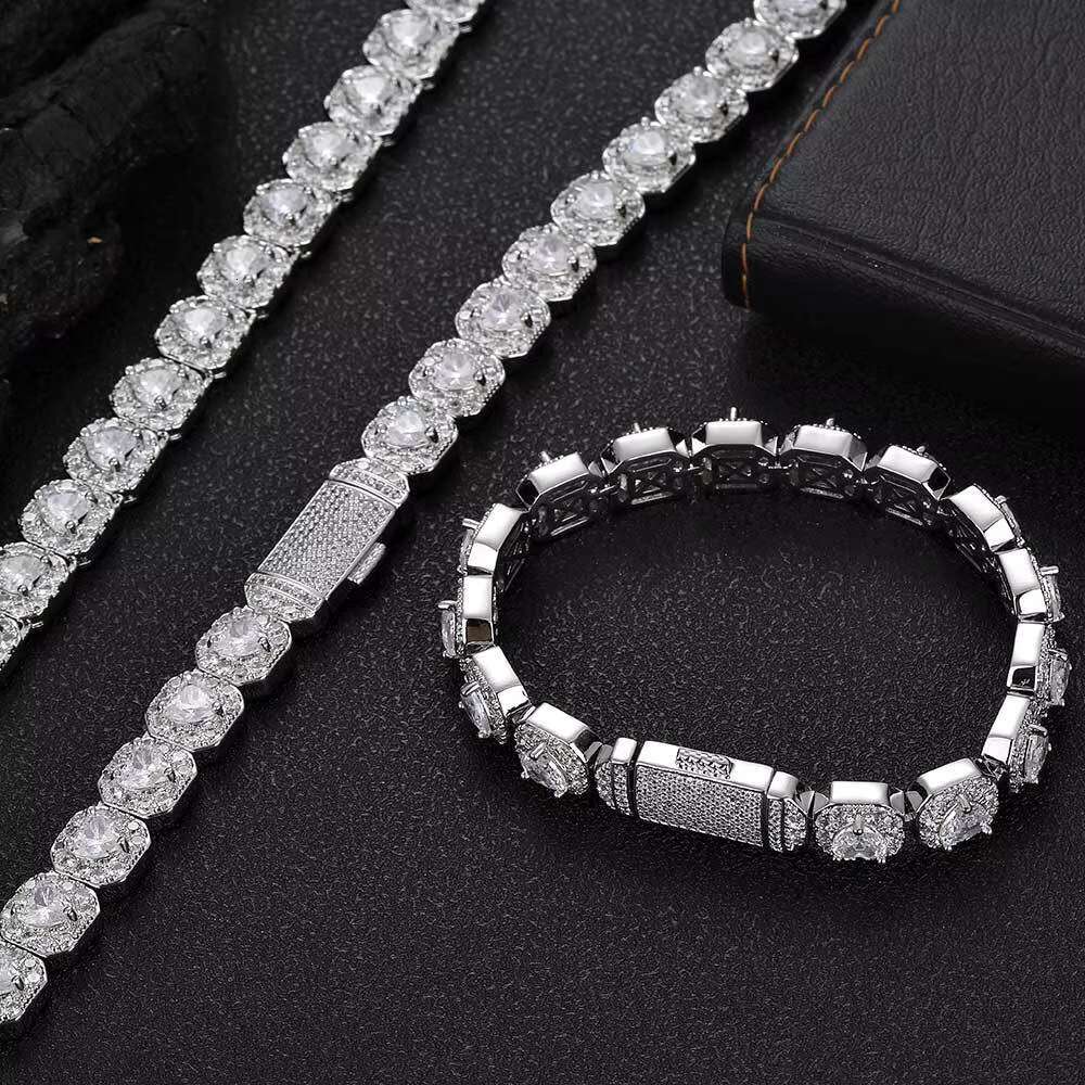 Hip Hop Streetwear Jewelry Set Men's & Women's Spring Clasp Tennis Chain Necklace Zircon Bracelet