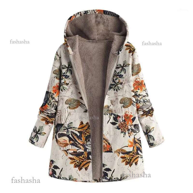 Vintage Womens Winter Warm Parkas Coat Retro Causal Outwear Floral Print Hooded Pockets Oversize Coats Outerwear Fem