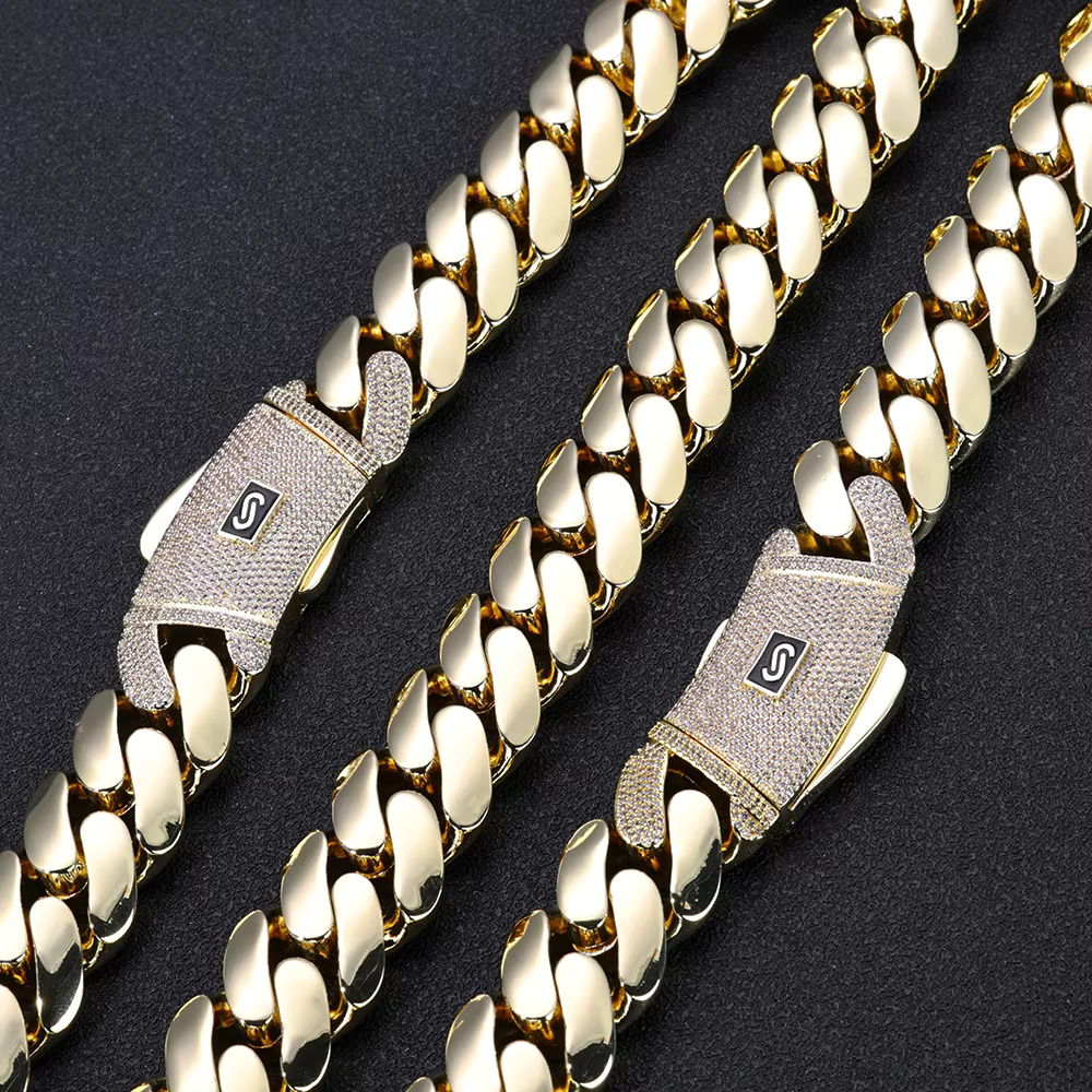 NUOYA 14K/18K Gold Plated Thick Solid Cuban Link Chain Hip Hop Jewelry Iced Diamond Clasp Flat Miami Cuban Link Necklace for Men