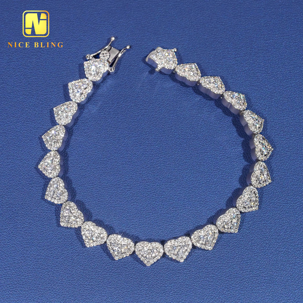 Moissanite Cluster Tennis Chain 925 Silver Fashion Hiphop Necklace 8mm Heart Shape Lab Diamond Tennis Necklaces for Men Women
