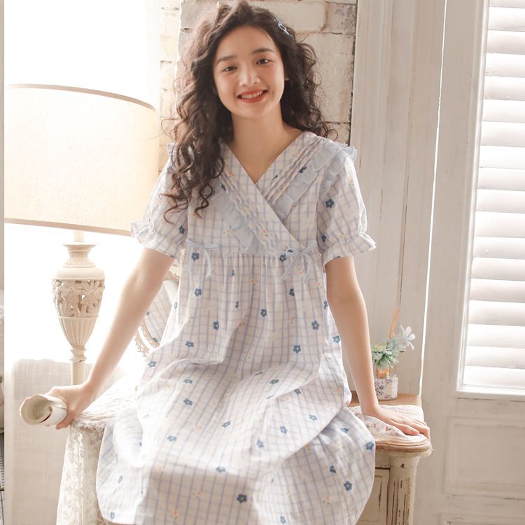 B760-Spring and summer women's cotton one-piece nightgown short-sleeved ruffled double-layer cotton yarn girls' home clothes breathable paja