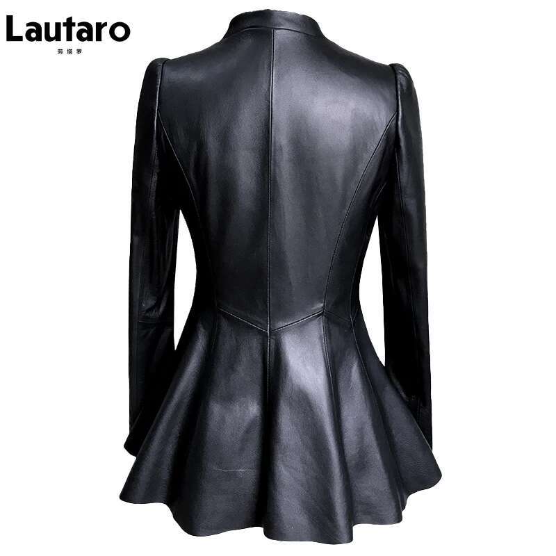 Lautaro Autumn Black Slim Soft Pu Leather Jacket Women Deep V Neck Long Puff Sleeve Elegant Skirted Blazer Fashion 2021