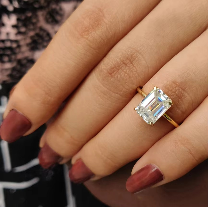 9K 10K 14K 18K Sterling Silver 925 3.0 CT Emerald Cut Solitaire Moissanite Ring Yellow Gold