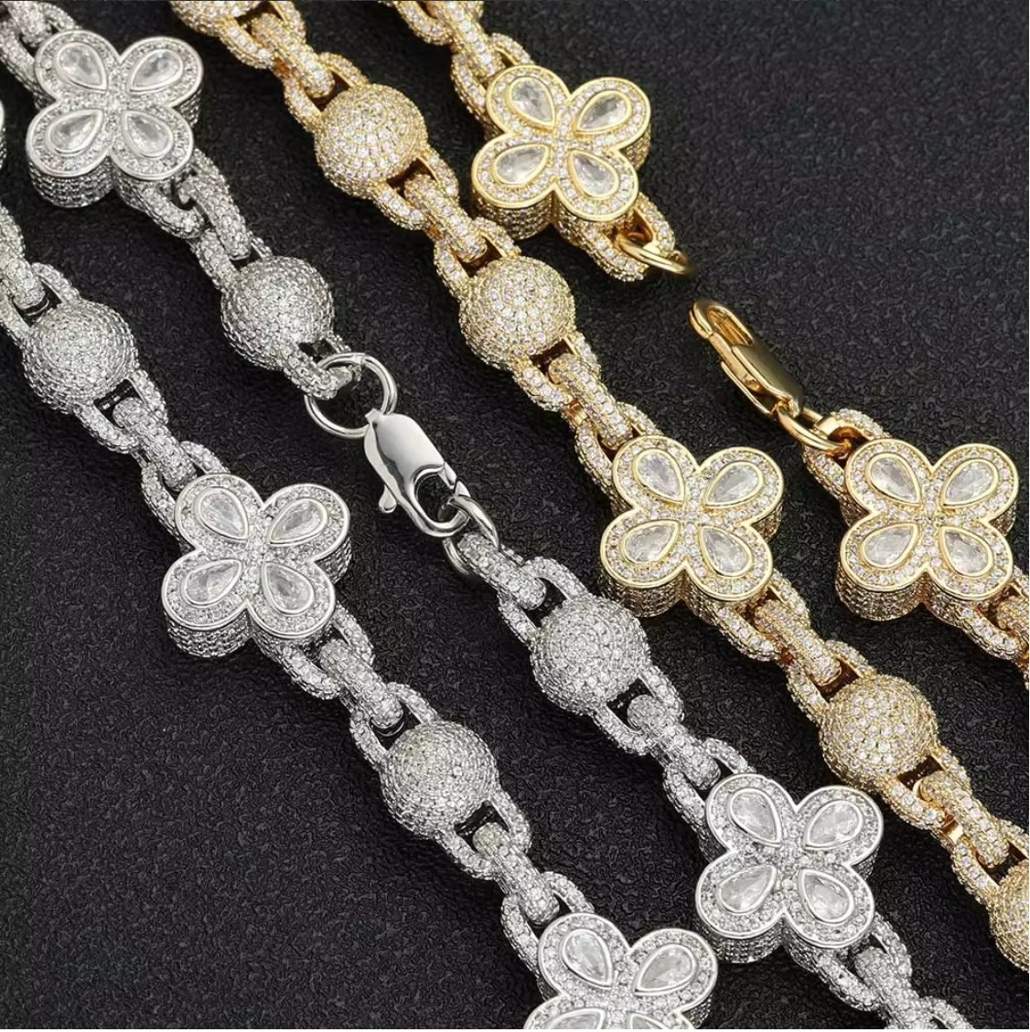 Wholesale Fashion Hip Hop New Four Leaf Clover Round Ball Bead Jewelry Necklace Moissanite Cuban Link Chain for Men/Women