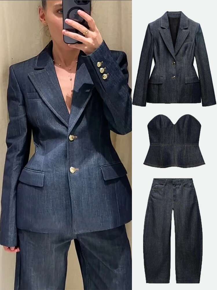 Elegant Denim Women's Sets Casual Waist Vest Sleeve Slim Jacket Long Trousers Vintage Ladies High Street Suit
