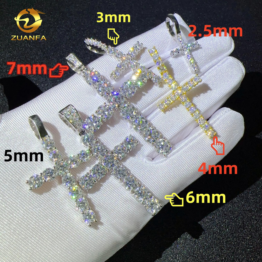 Zuanfa Custom Size Hip Hop Moissanite Cross Pendants 6mm 7mm 925 Sterling Silver Diamond Cross Pendants