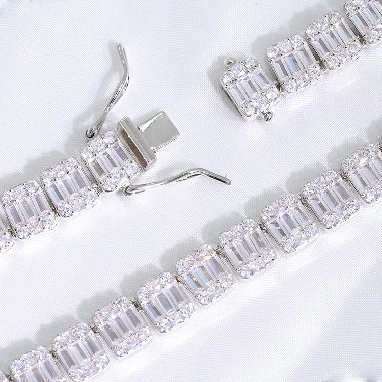 Fashion Baguette Tennis Chain Fine Jewelry 9mm Width S925 Solid Silver Chain Hip Hop Necklace VVS Moissanite Cuban Chain