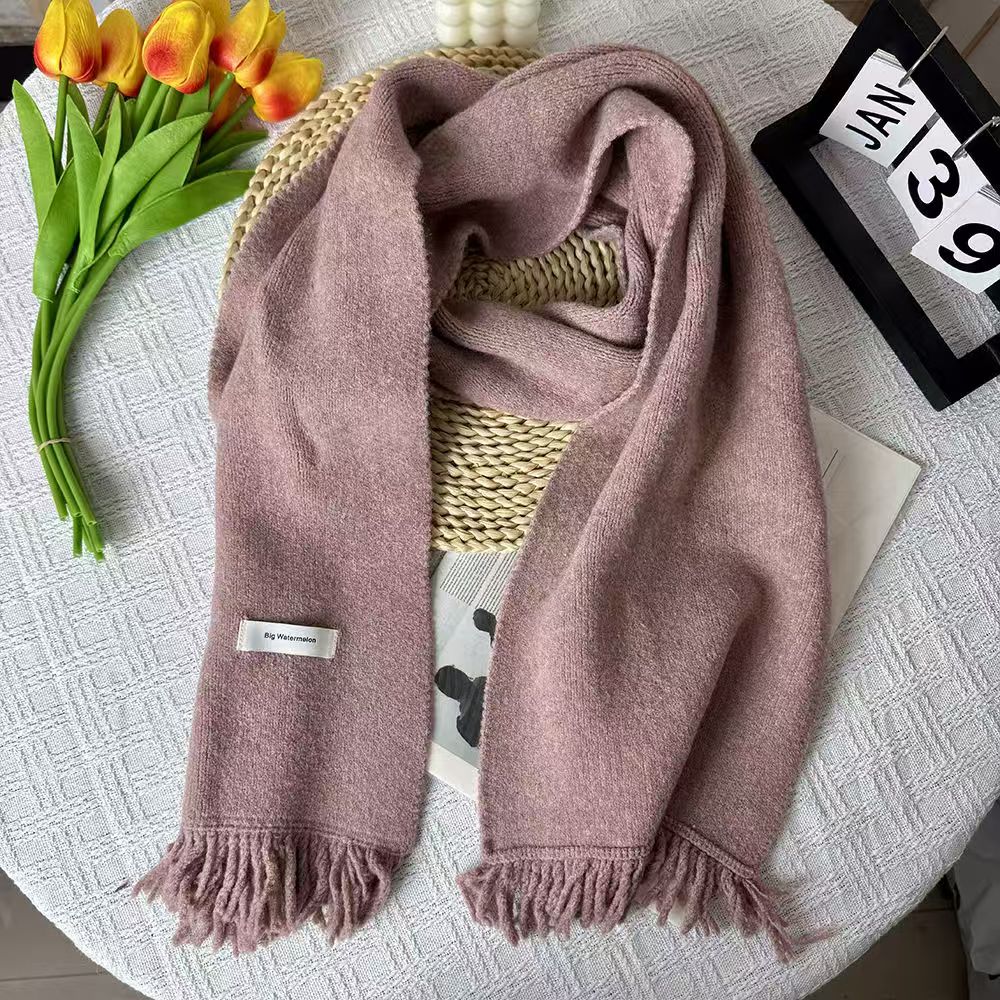T253 new cashmere earth color green brown solid color winter knitted warm tassel small scarf neck scarf female