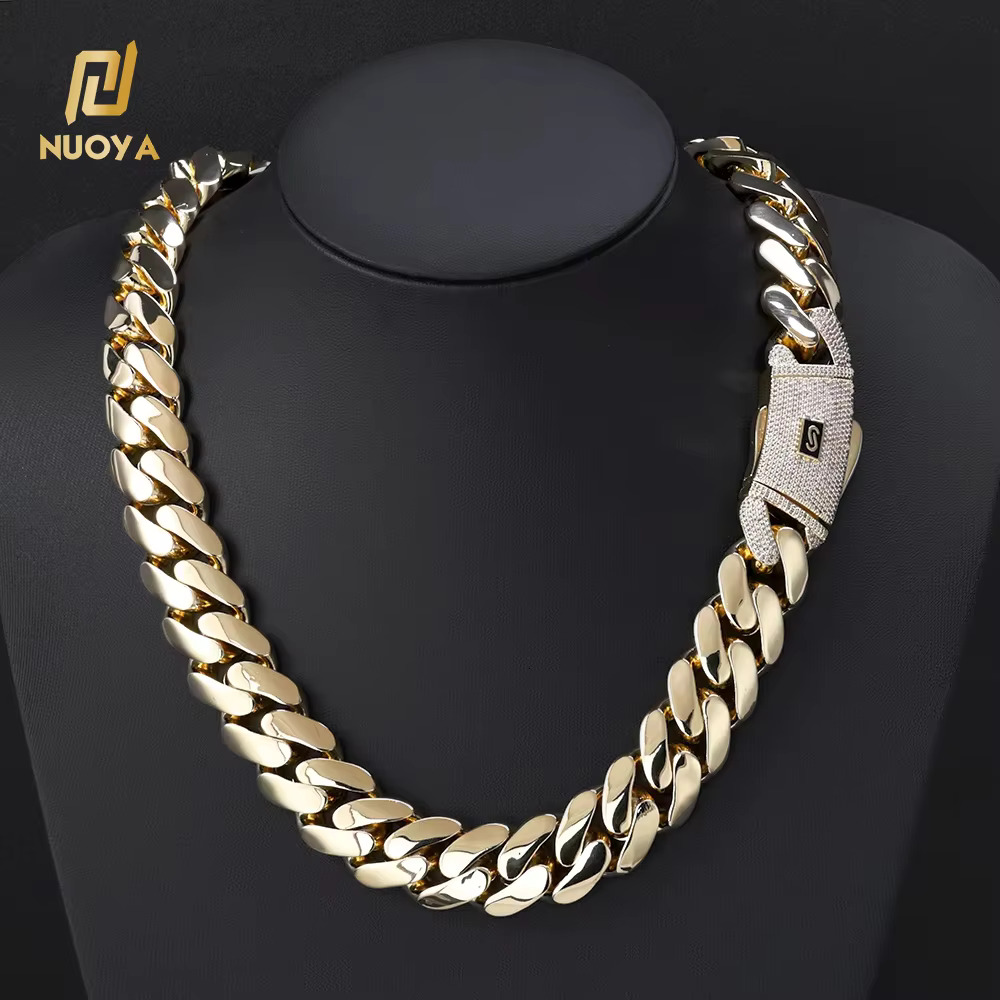 NUOYA 14K/18K Gold Plated Thick Solid Cuban Link Chain Hip Hop Jewelry Iced Diamond Clasp Flat Miami Cuban Link Necklace for Men
