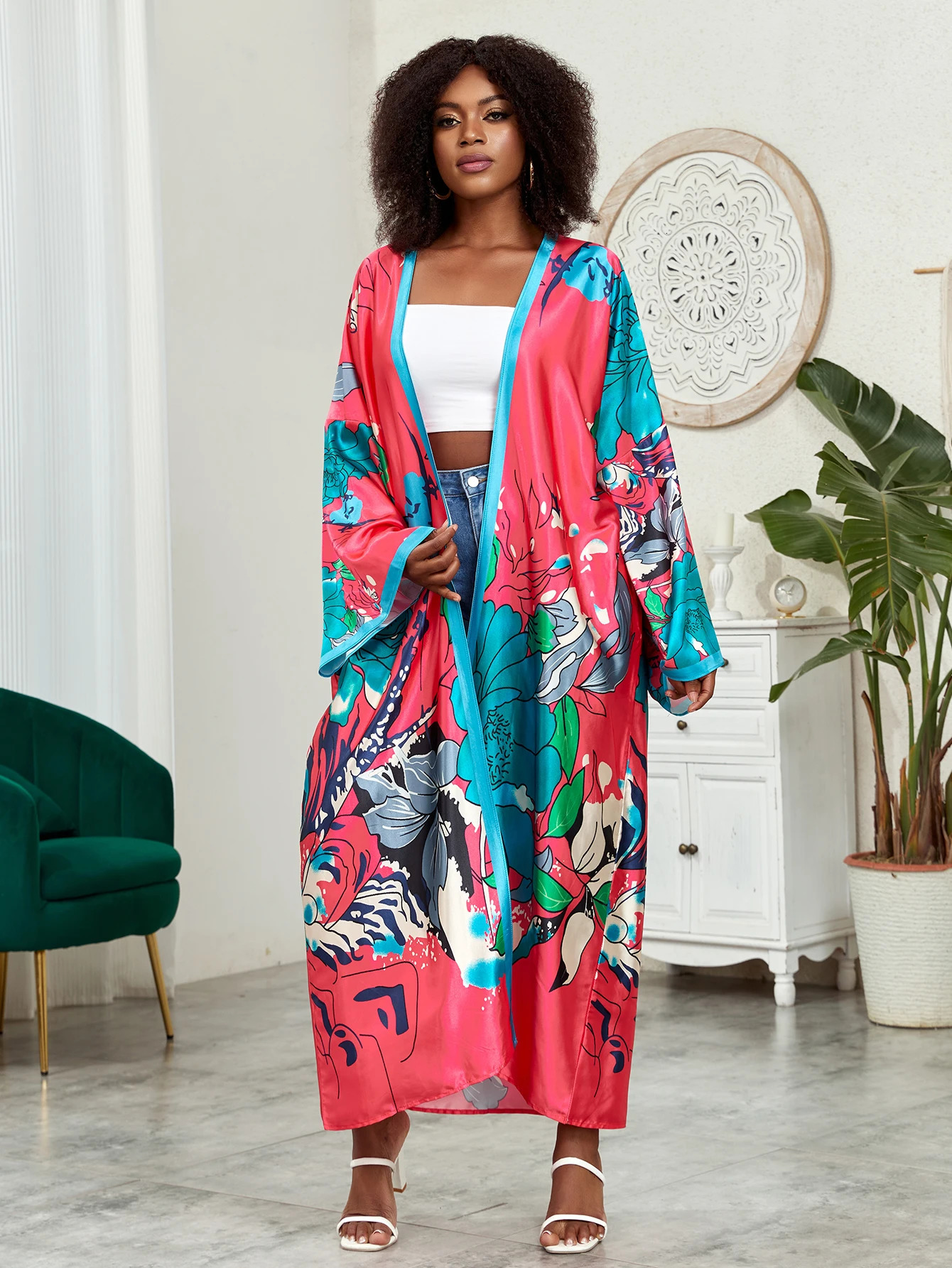 Plus Bohemian kimono womens plus lotus print contrast binding long sleeved open front waistband kimono overlay 250305Z