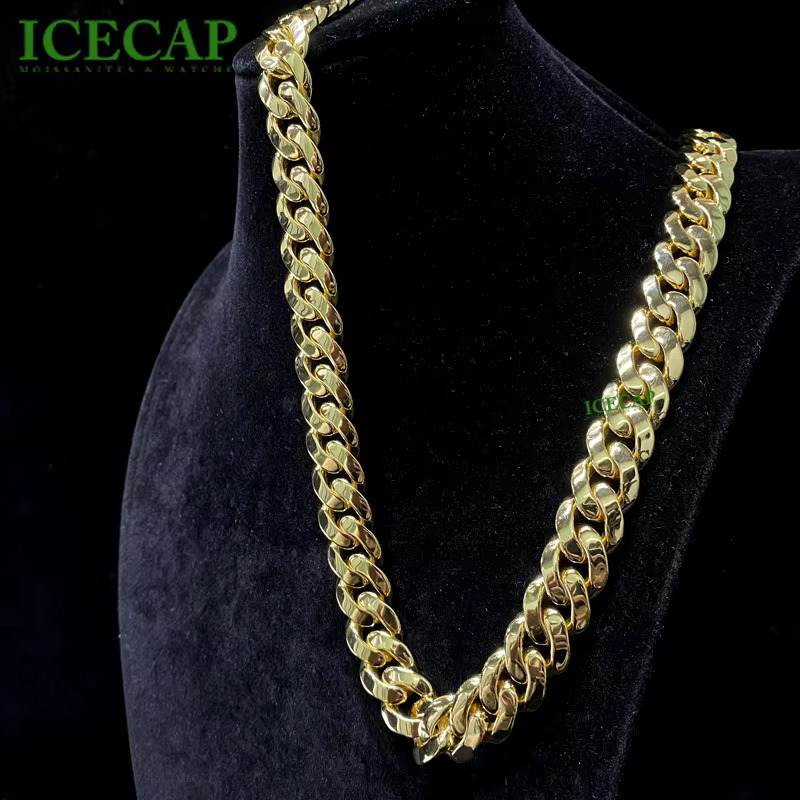 Customized Miami 14mm Classic 14k Gold Plated Cuban Link Chain 925 Sterling Silver Cuban Link Chain Mens