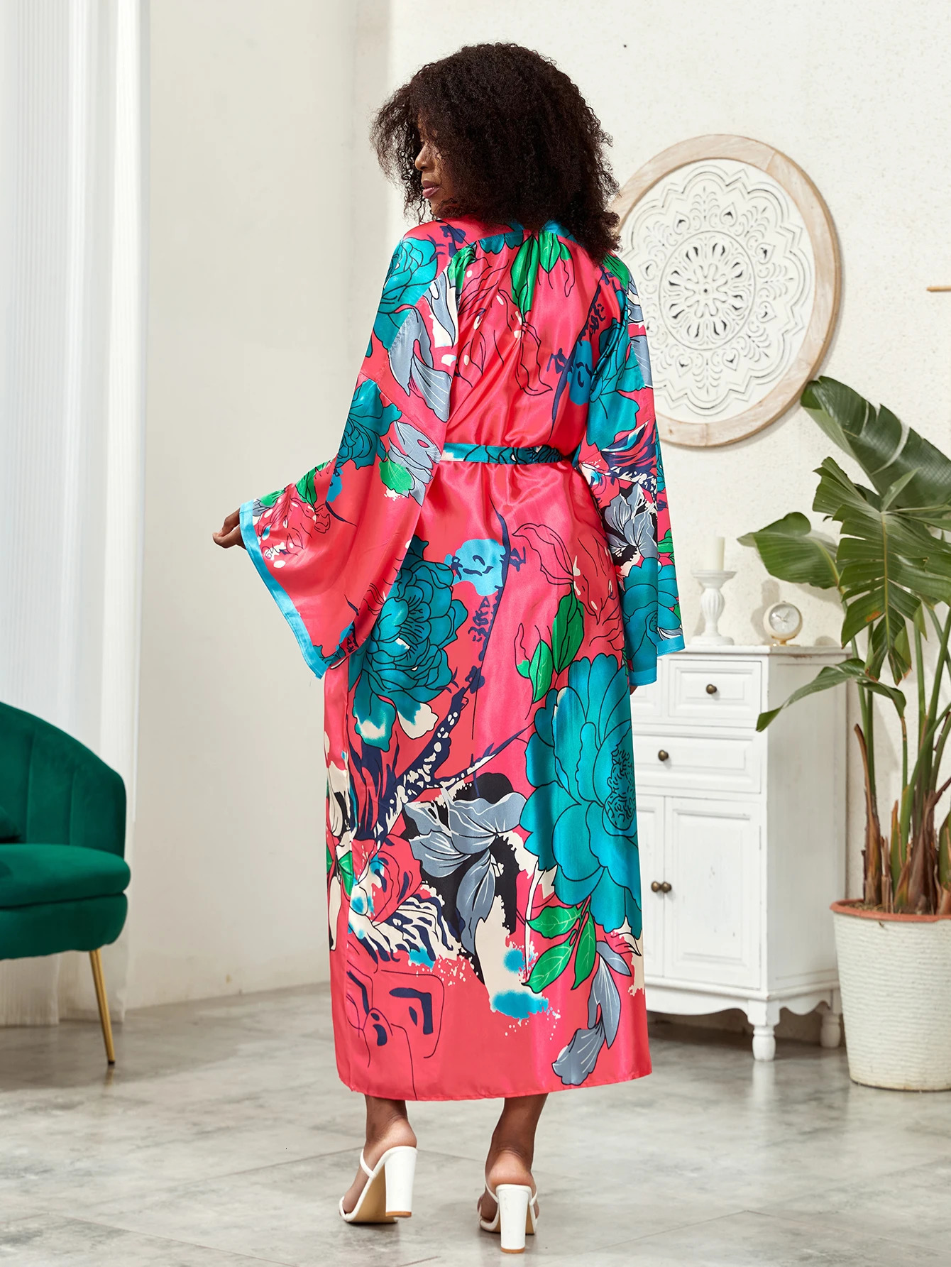 Plus Bohemian kimono womens plus lotus print contrast binding long sleeved open front waistband kimono overlay 250305Z