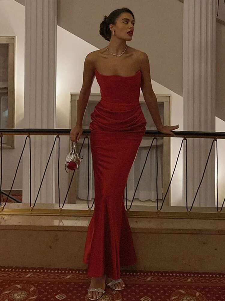 Sexy Long Dress Women Elegant Off-Shoulder Strapless Hip Package Female Vestidos Vintage Slim Fit Ladies Evening New Year Gown