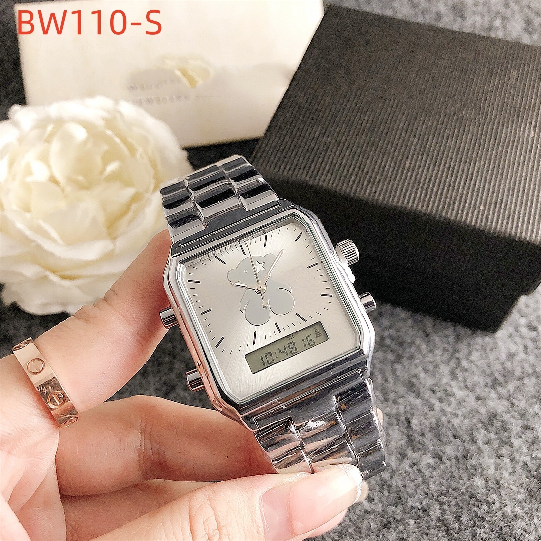 Hot Sale Women Men Silver Gold Stainless Steel Bear Electronic Watch Black Pink Red Square Bracelets Pulsera Span Jewelry A Gift