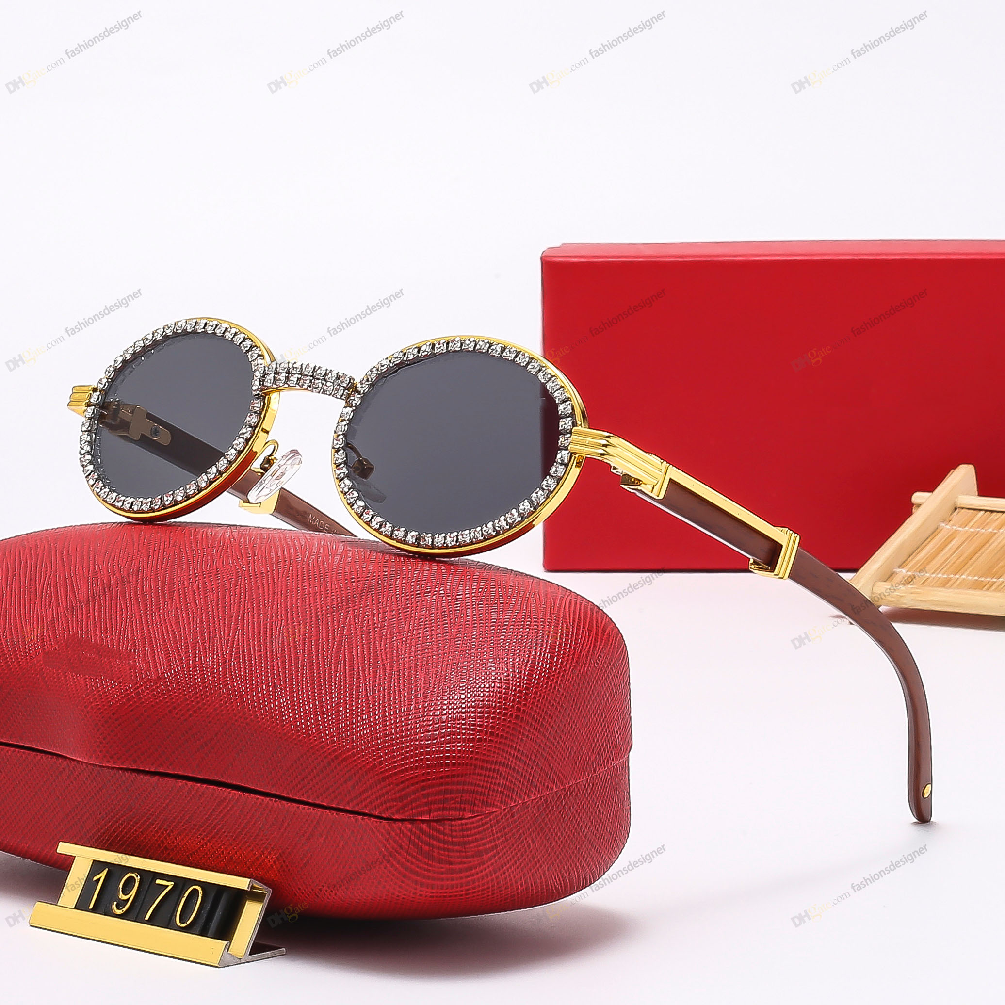 Designer Sunglasses Diamond Cut Oval Sunglasses Cat Eye Sunglasses Fashion Crystal Inlay Men's Sunglasses With Wooden Temples Glasses With Box Sunglasses