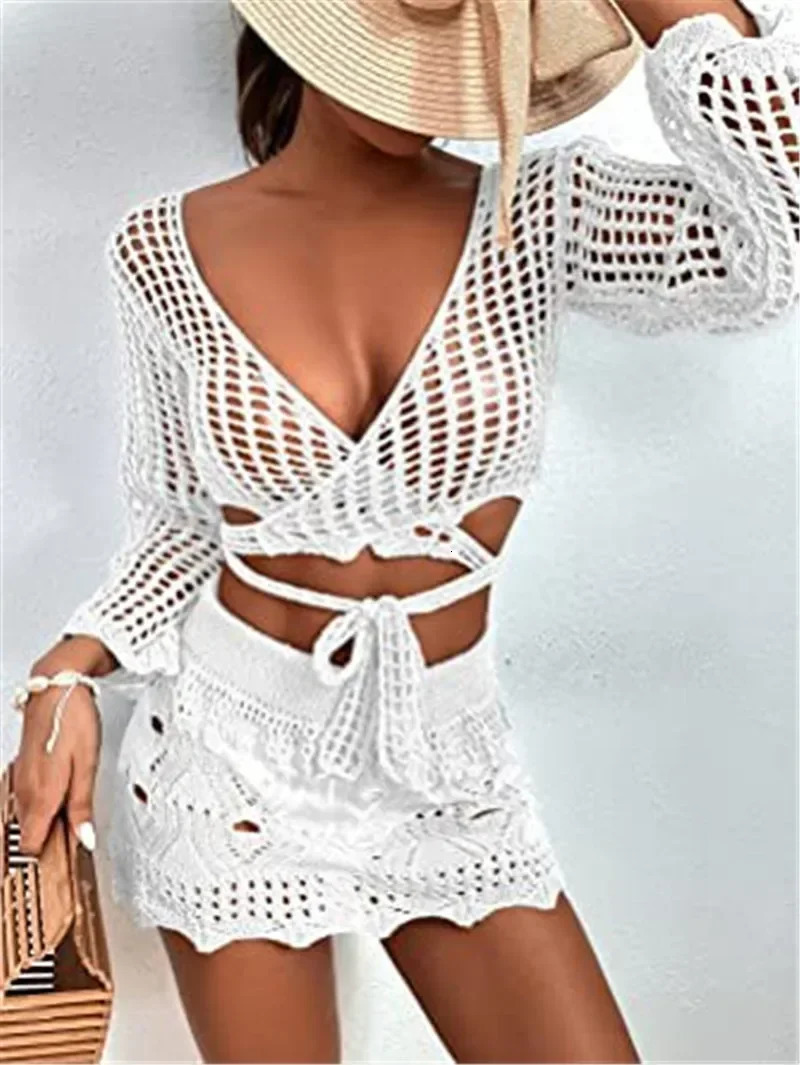 2024 Long Sleeve Cropped Tops Bikini Bottom Skirts Women Knitted Cover Up Mini Dress Beach Bathing Suit Women Swimsuit Beachwear 250305Z
