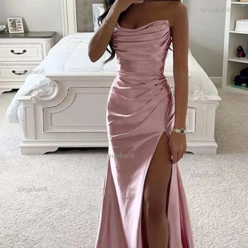 Casual Dresses Sexy Backless Satin Banquet Prom Dress Women Summer Elegant Off Shoulder Ruched Bodycon Evening Party Female Pink Vest