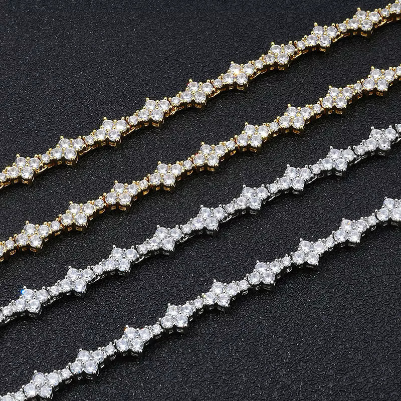 Hip-Hop Mens Womens 925 Sterling Silver VVS Moissanite Diamond Clover Cross Tennis Chain Bracelet Necklace Elegant Bangle