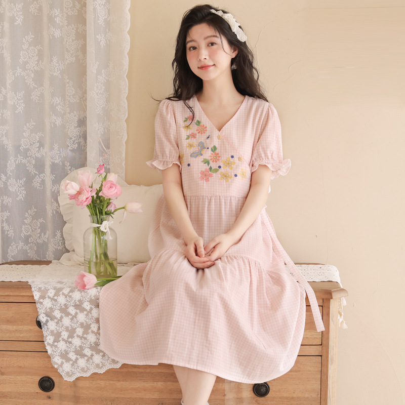 B760-Spring and summer women's cotton one-piece nightgown short-sleeved ruffled double-layer cotton yarn girls' home clothes breathable paja