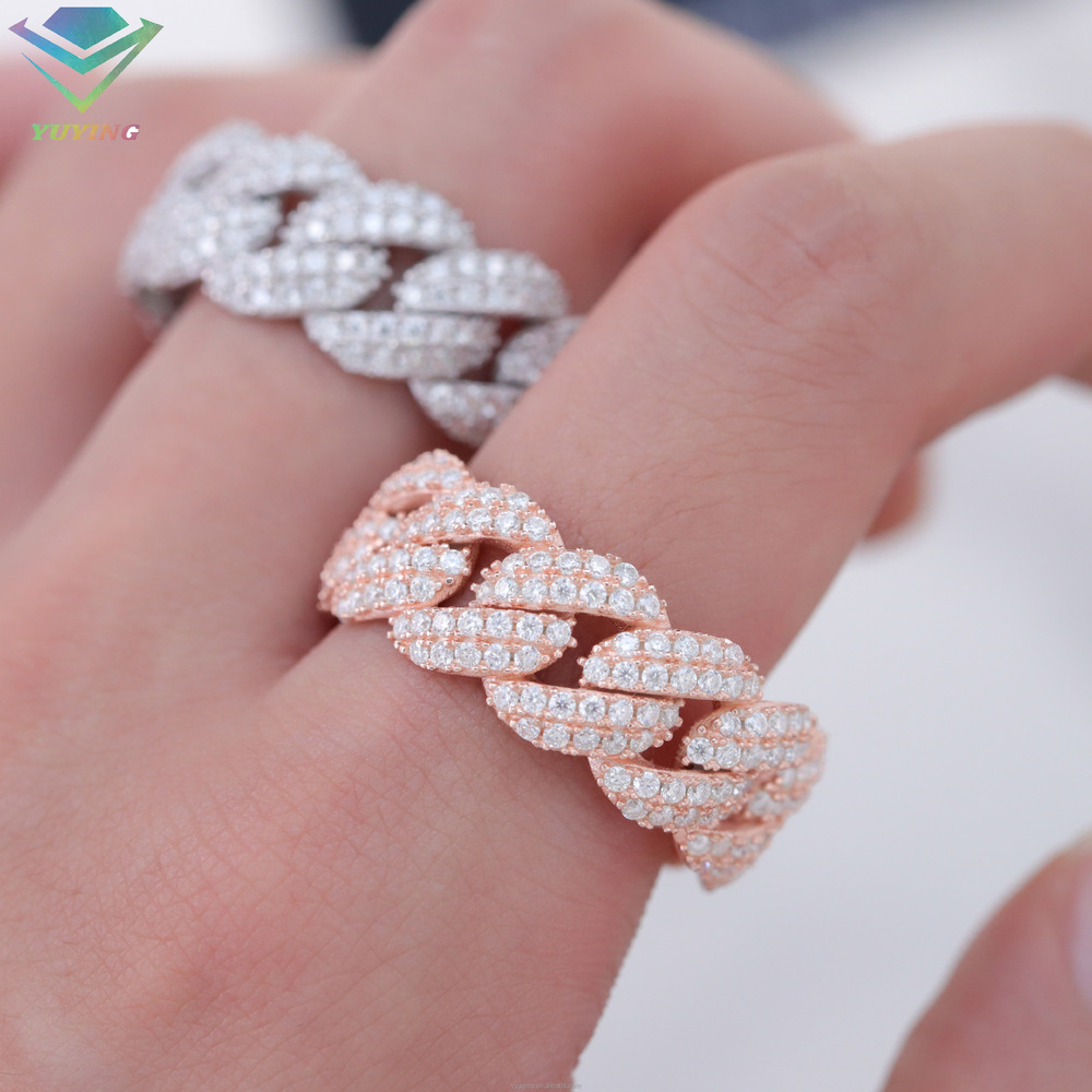 In Stock Iced Out Moissanite Ring Fashion Jewelry 925 Silver White Gold Plated Hip Hop Moissanite Diamond Cuban Ring for Men